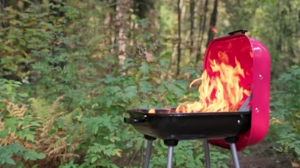 Vidéo au ralenti préparer le gril pour la cuisson de la viande et des légumes en vacances. Grande flamme avec feu dans le barbecue. Le charbon chaud brûle dans le brasero, et le cuisinier remuent le charbon chaud avec une fourchette de fer. — Video