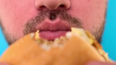 Fast food restoranından sulu tavuk burger yiyen tıraşsız bir adamın yakın çekimi. Beyaz ekmek ve tavuk filetosu ile nefis bir hamburger yiyor. Yetersiz beslenme, fast food atıştırma.