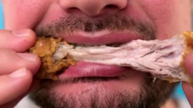 Fast food yiyen yakın plan bir adam, lezzetli, çıtır çıtır tavuk büyük bacağı gevrek ekmek. Tıraşsız beyaz adam tavuk etiyle kemik kemiriyor. Hızlı restoranda sağlıksız yemekler yiyor. Mavi arka planda..