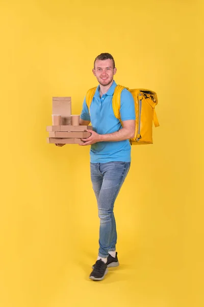 Young Smiling Guy Delivering Food Restaurant Blue Uniform Thermo Bag — Stock Photo, Image