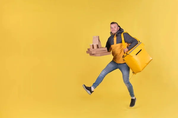 Blond Unshaven Teen Food Delivery Boy Courier Yellow Clothes Thermo — Stock Photo, Image