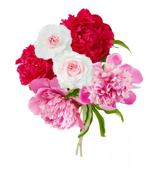 Όμορφη Παιώνια Και Τριαντάφυλλα Λουλούδια Δέσμη Απομονώνονται Λευκό Φόντο — Φωτογραφία Αρχείου