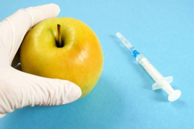 Elma, genetik mühendisliği laboratuvarında mavi arka planda şırınga ve test tüpleriyle, GMO gıda kavramı