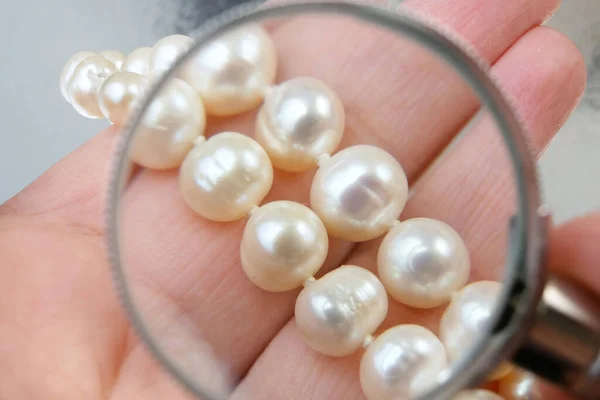 Joyero Mirando Collar Perlas Través Lupa Inspeccionar Verificar Joyas Concepto —  Fotos de Stock