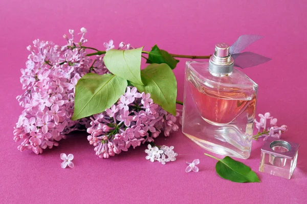 Fliederfarbener Blumenstrauß Und Parfüm Auf Fliederfarbenem Hintergrund Frau Benutzt Parfüm — Stockfoto