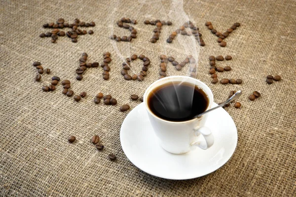 Mug Coffee Coffee Beans Words Stay Home Coronavirus Concept Self — Stock Photo, Image