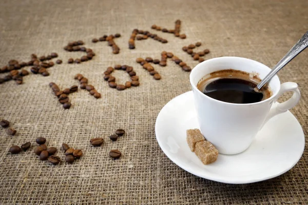 Mug Coffee Coffee Beans Words Stay Home Coronavirus Concept Self — Stock Photo, Image