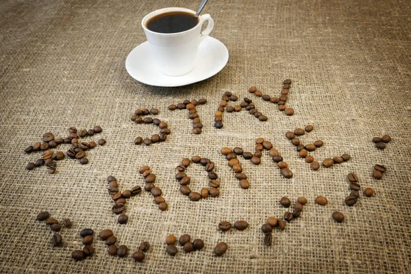 Mug Coffee Coffee Beans Words Stay Home Coronavirus Concept Self — Stock Photo, Image