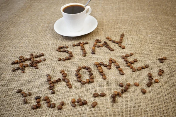 Mug Coffee Coffee Beans Words Stay Home Coronavirus Concept Self — Stock Photo, Image