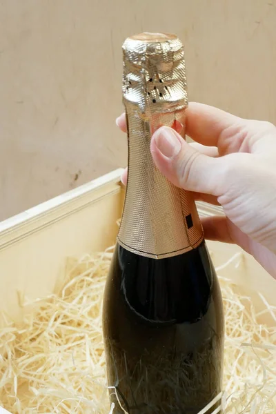 Verre Bouteille Champagne Élite Cher Dans Une Boîte Bois Avec — Photo