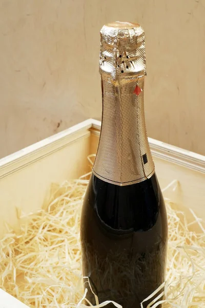 Verre Bouteille Champagne Élite Cher Dans Une Boîte Bois Avec — Photo