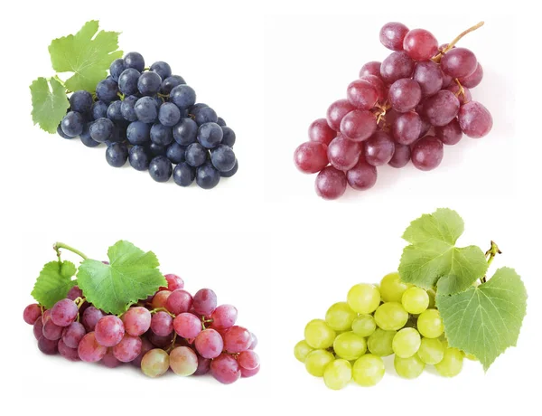 Schmackhafter Weiß Und Rotwein Gläsern Und Trauben Mit Blättern Isoliert — Stockfoto
