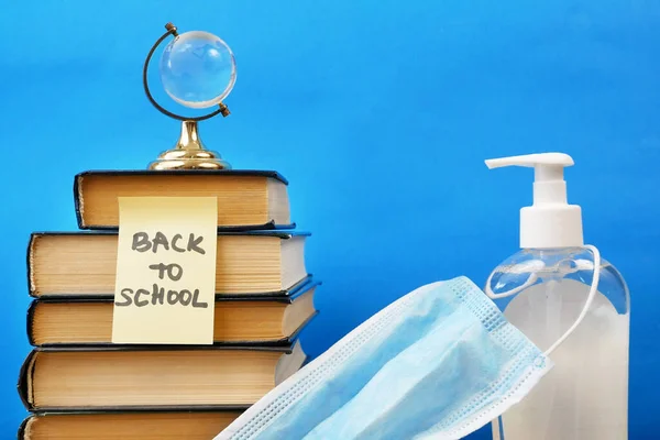 Back School Coronavirus Covid Book Pile Sanitizer Medical Mask — Stock Photo, Image