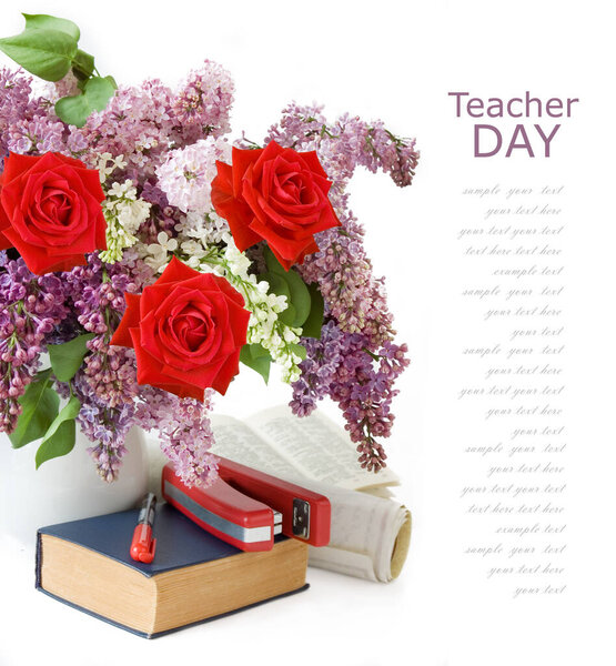 World Teacher's day concept. Flowers bunch, map, globe and books pile