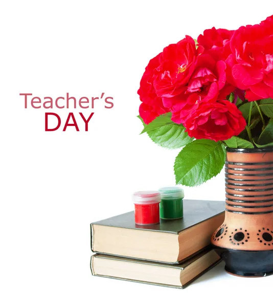 World Teacher Day Concept Flowers Bunch Map Globe Books Pile — Stock Photo, Image