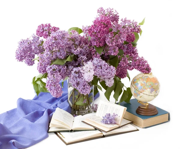 World Teacher Day Concept Flowers Bunch Map Globe Books Pile — Stock Photo, Image