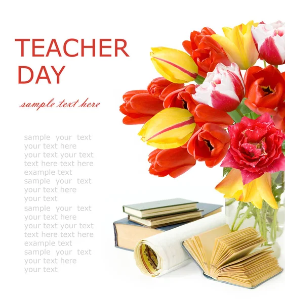 World Teacher's day concept. Flowers bunch, map, globe and books pile