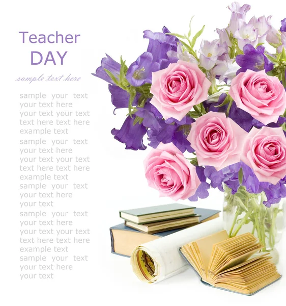 Ιδέα Της Παγκόσμιας Ημέρας Δασκάλων Λουλούδια Δέσμη Χάρτης Σφαίρα Και — Φωτογραφία Αρχείου