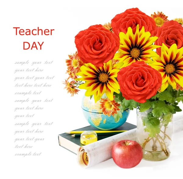 World Teacher's day concept. Flowers bunch, map, globe and books pile