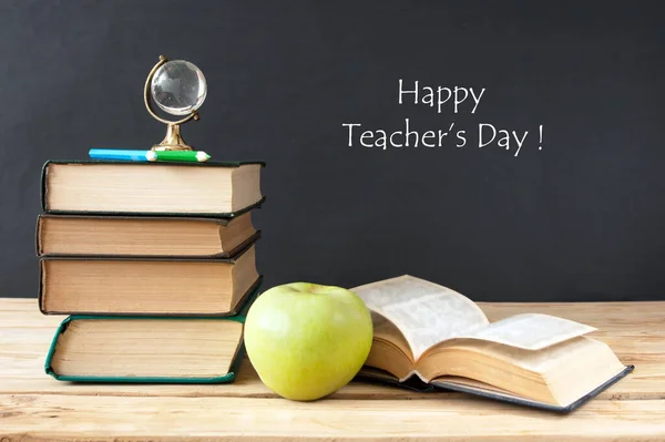 Book Pile Apple Globe Pencils Sharpener School Blackboard Teacher Day — Stock Photo, Image