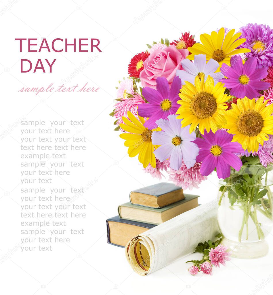 World Teacher's day concept. Flowers bunch, map, globe and books pile