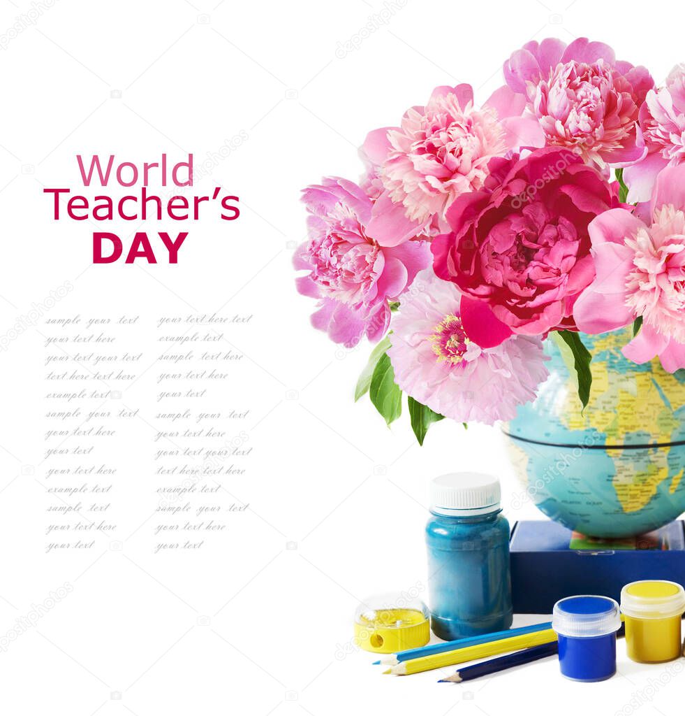 World Teacher's day concept. Flowers bunch, map, globe and books pile