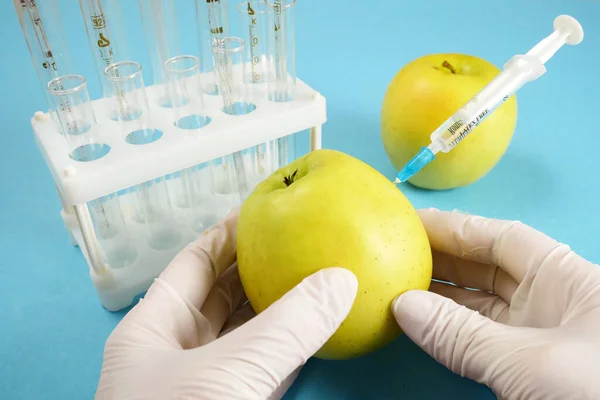 apple in genetic engineering laboratory with syringe and test tubes on blue background, gmo food