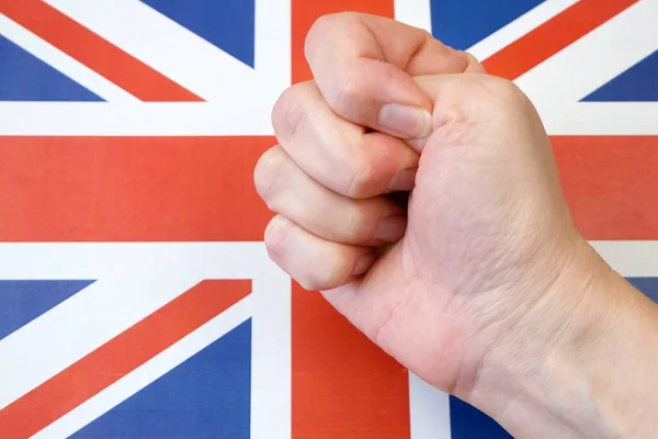 Geballte Faust Vor Dem Hintergrund Der Flagge Großbritannien Proteste Vereinigten — Stockfoto