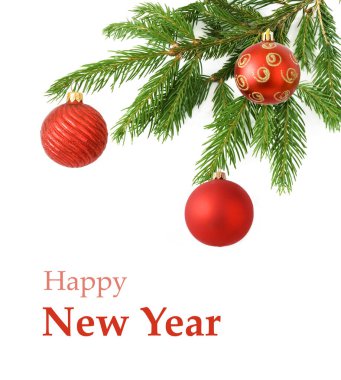 Yeni yıl baloları, mutlu noeller ve mutlu yeni yıl konseptiyle Noel tebrik kartı.