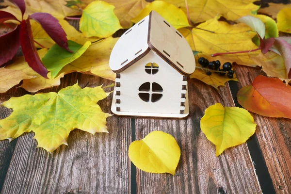 house toy near on autumn leaves on wooden background, autumn sales for house