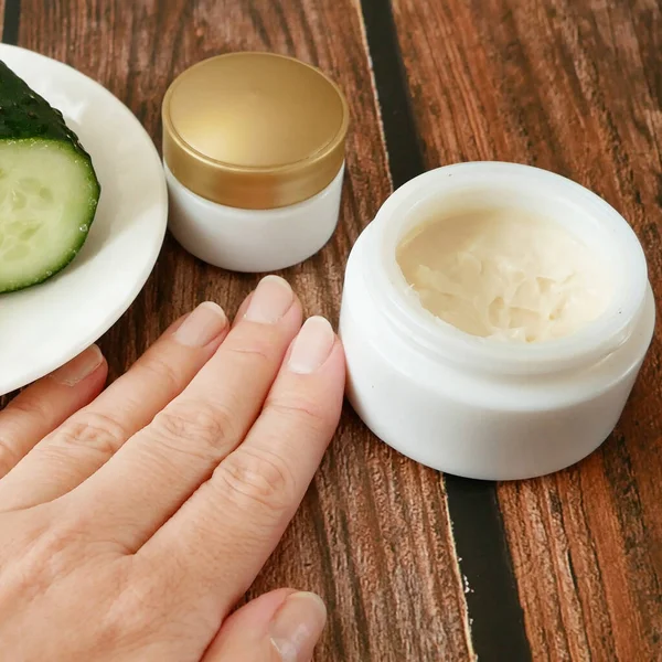 Cucumber Cosmetic Cream Face Hand Silver Background Skin Body Care — Stock Photo, Image