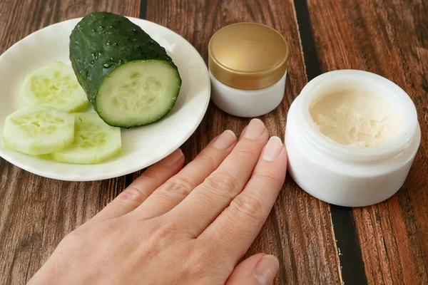 Cucumber Cosmetic Cream Face Hand Silver Background Skin Body Care — Stock Photo, Image
