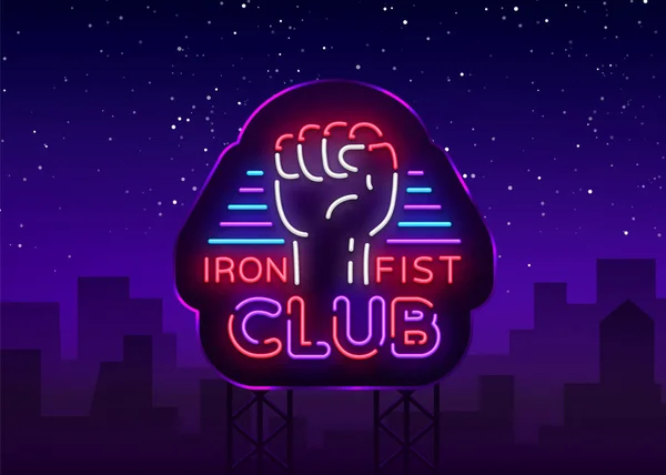 Fight Club-Logo im Neon-Stil. Eiserne Faust Knüppel ist eine Leuchtreklame. Sport-Leuchtreklame auf Nachtkampf, Mixed Fighting, MMA, Kampftraining. Lichtbanner, nächtliche helle Werbung. Vektor. Plakatwand — Stockvektor