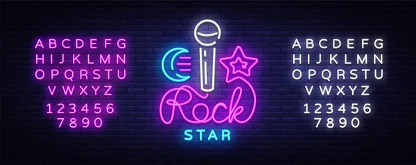 Rock Star Neon Sign Vector. Rock Star logo vector design template, nightlife, live music, karaoke, light banner, night bright neon advertising for nightclub, pub, bar. Vector. Edición de texto signo de neón — Vector de stock
