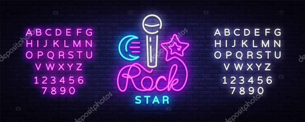 Rock Star Neon Sign Vector. Rock Star logo vector design template, nightlife, live music, karaoke, light banner, night bright neon advertising for nightclub, pub, bar. Vector. Editing text neon sign.