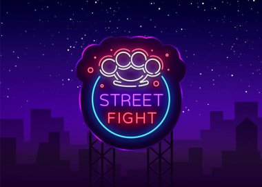 Sokak kavgası logo neon tarzı. Club neon tabela mücadele. Muşta ile logo. Spor neon giriş gece kavga, dövüş, Mma karışık. Parlak reklam banner, gece ışık. Vektör. Billboard
