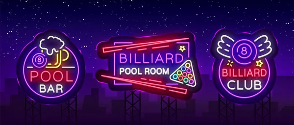 Billar conjunto de letreros de neón. Patrones de diseño de la colección Brillante emblema de neón, logotipo de Billiard Club, Bar, Torneo. Banner de luz, signo de noche para sus proyectos. Ilustración vectorial. Cartelera — Vector de stock