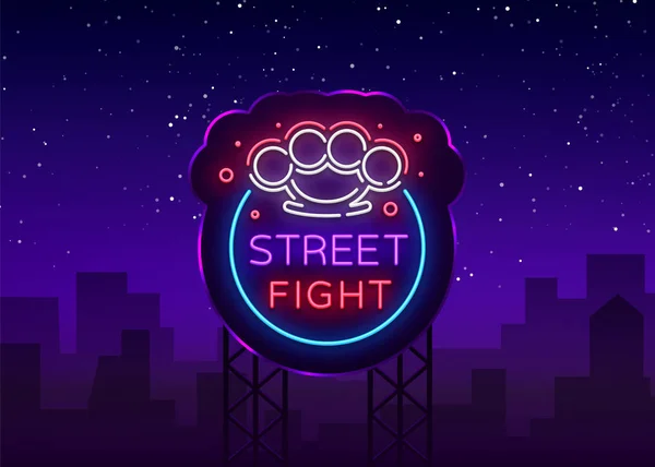 Street fight logo in neon style. Fight Club neon sign. Logo with brass knuckles. Sports neon sign on night fighting, mixed fighting, MMA. Light banner, night bright advertising. Vector. Billboard — Stock Vector