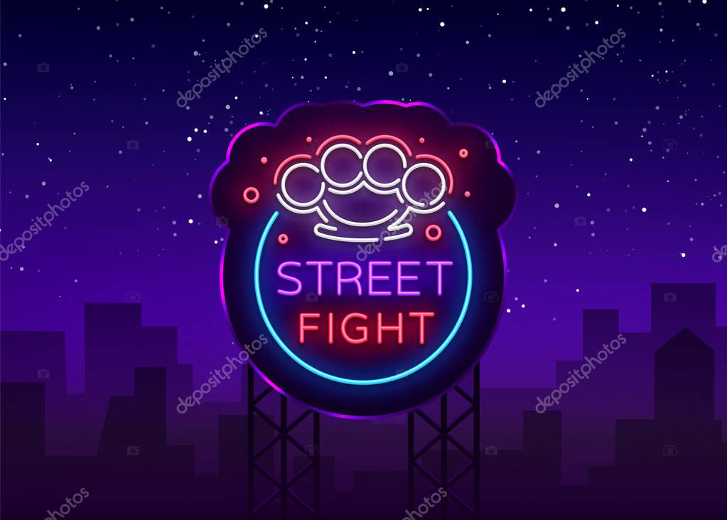 Street fight logo in neon style. Fight Club neon sign. Logo with brass knuckles. Sports neon sign on night fighting, mixed fighting, MMA. Light banner, night bright advertising. Vector. Billboard.