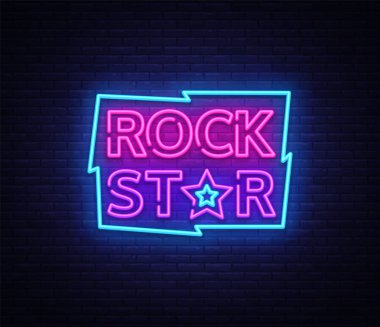 Rock yıldız Neon işareti vektör çizim. Şablon neon tabela Rock müzik, ışık afiş, parlak gece reklam tasarım. Vektör