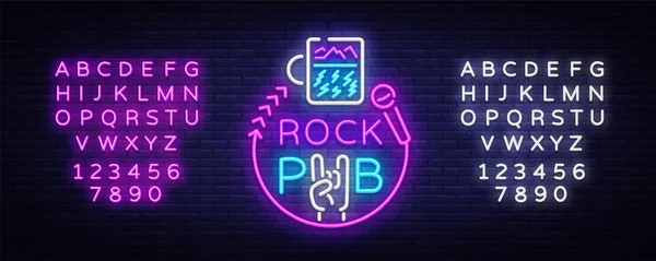 Rock Pub Logo Neon Vector. Rock Bar Neon Sign, Concept with a glass, Bright Advertising, Light Banner, Live Music, Karaoke, Night Club, Neon Signboard, Design Element. Vector. Edición de texto signo de neón — Vector de stock