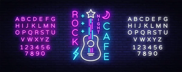 Rock Cafe Logo Neon Vector. Rock Cafe Neon Sign, Concept with guitar, Night Advertising, Light Banner, Live Music, Karaoke, Night Club, Neon Signboard, Design Element. Vector. Edição de texto sinal de néon — Vetor de Stock