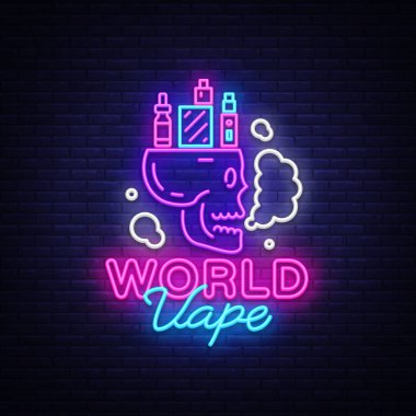 Logo neon tarzı elektronik sigara. Vape dükkanı Neon tabela, dünya Vape kavramı ile kafatası, amblem, parlak gece tabela, Neon elektronik sigara reklam. Vektör çizim