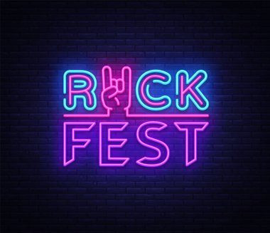 Rock Fest logo neon tarzı. Rock festivali neon gece işareti, tasarım şablonu vektör çizim Rock Festival, konser, canlı müzik, ışık afiş için. Vektör çizim