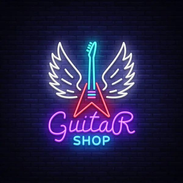 ギター ショップ ネオン サイン ベクトル。楽器とネオンのスタイル、光のバナー、明るいネオン夜看板、ストアのエンブレムでテンプレートのギターの店ロゴをデザインします。ベクトル図 — ストックベクタ