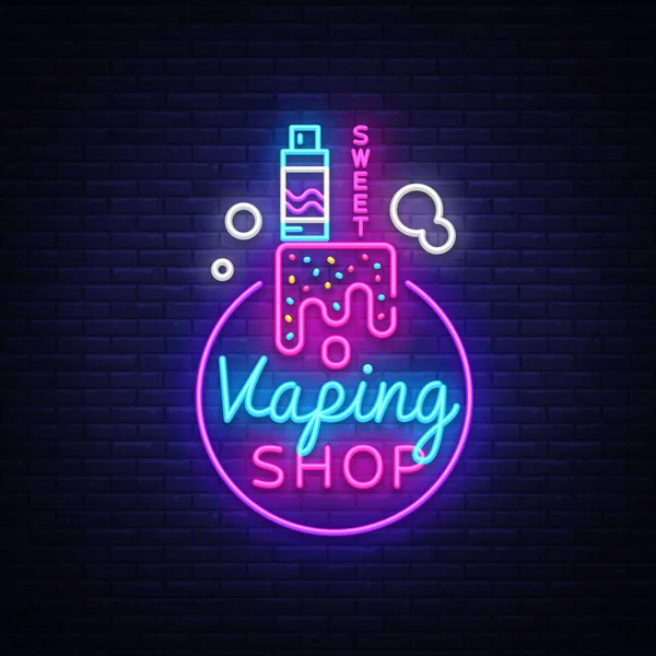 Логотип электронной сигареты в неоновом стиле. Vape Shop Neon Sign, Sweet Vape Shop, Emblem, Bright Night, Neon Advertising. Векторная иллюстрация — стоковый вектор