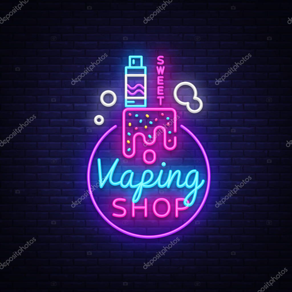 Logo electronic cigarette in neon style. Vape Shop Neon Sign, Sweet Vape Shop Concept, Emblem, Bright Night Signboard, Neon Advertising Electronic Cigarettes. Vector illustration.