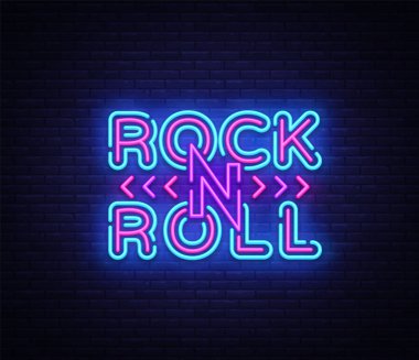 Rock and Roll logo neon tarzı. Rock müzik neon gece tabela, tasarım şablonu vektör çizim Rock Festival, konser, canlı müzik, ışık afiş için. Vektör çizim