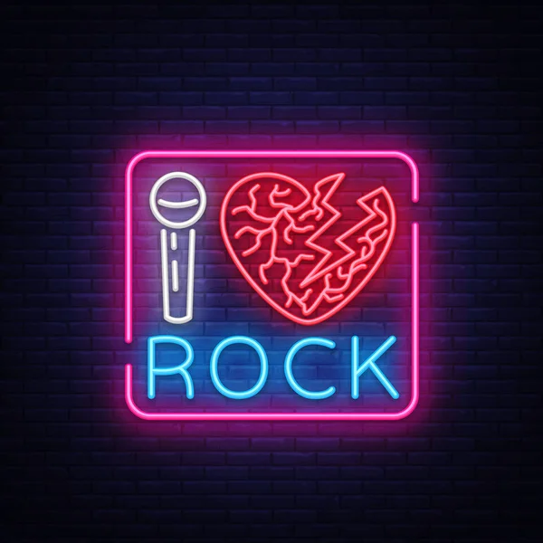 Mám rád rock neon vývěsní štít. Rocková hudba neonový nápis, symbol, světlé ikonu, prvek návrhu Rock and roll. Vektorové ilustrace — Stockový vektor
