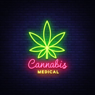 Marihuana tıbbi neon tabela ve logosu, modern trend tarzı grafik şablonu. Esrar bir organik kenevir olduğunu. Yeşil çiftlik vektör çizimler